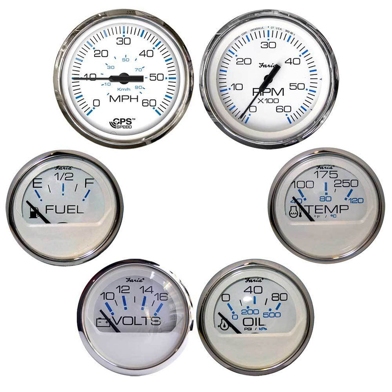 Faria Chesapeake White w-Stainless Steel Bezel Boxed Set of 6 - Speed, Tach, Fuel Level, Voltmeter, Water Temperature Oil PSI [KTF063]-Gauges-JadeMoghul Inc.