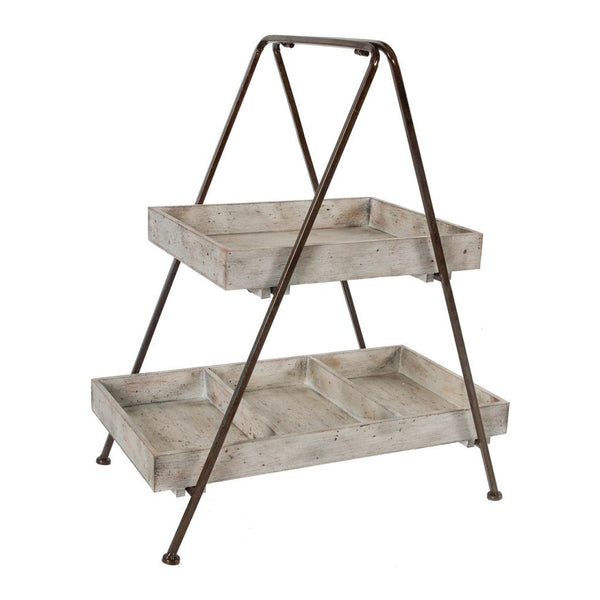 Farmhouse Style Wood and Metal Organizer Shelf with 2 Tier Design, Brown and White-Utility Shelves-Brown and White-Wood and Metal-JadeMoghul Inc.