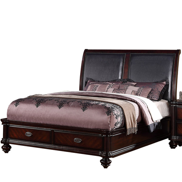 Fascinating Wooden Queen Bed With Black PU HB & 2 Under Bed Drawers,Dark Wood Finish-Bedroom Sets-Dark Brown/Black-Pine+Medium Density Fiber Board+Birch Veneer-JadeMoghul Inc.