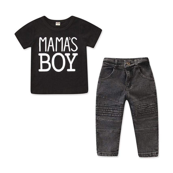 2 Piece Set Boys Letter Print Black T-shirt And Jeans