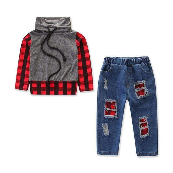 2 Piece Set Boys Plaid Print Long Sleeves Hoodies And Ripped Jeans