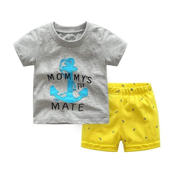 Fashion Clothing New Style 2Pcs Set Yellow Shorts And Gray Anchor Embroidery Casual Slim Fit Boys Cotton Latest Model Tops TIY