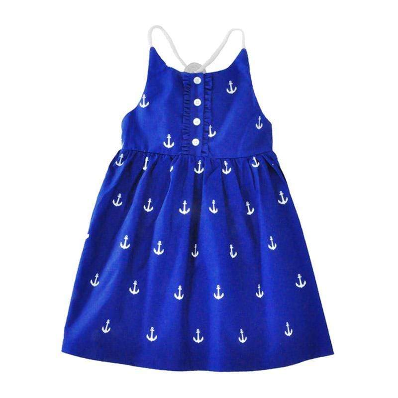Fashion Clothing New Style Beach Children Kids Girl Anchor Print Blue Cotton Button Sleeveless Princess Dress TIY