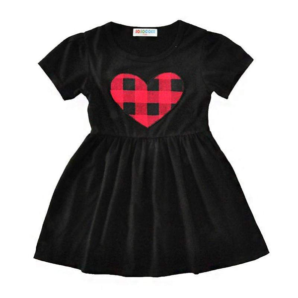 Fashion Clothing New Style Girl Plaid Love Heart Pattern Short Sleeves Round Neck Black Cotton T Shirt Princess Dress TIY
