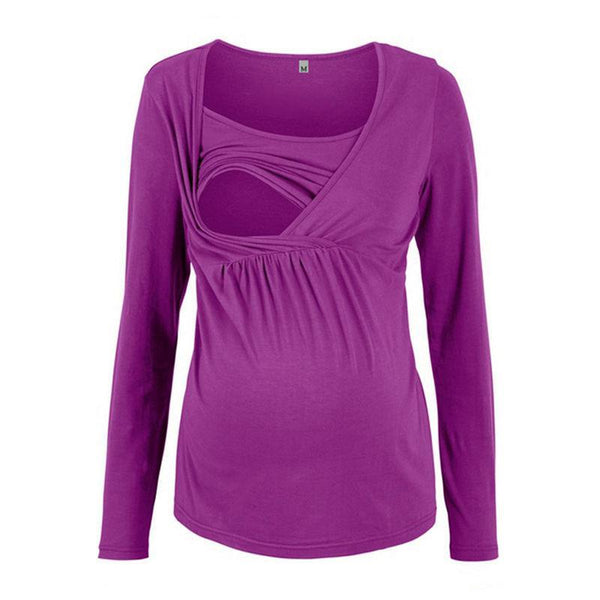 Fashion Clothing Pregnant Mother Cotton Solid Color Long Sleeves Breastfeeding Tee TIY