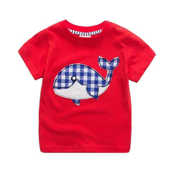 Fashion Clothing Red Soft Cotton Short Sleeve Plaid Whale Embroidery Latest Model Cute Design Kids Tops TIY