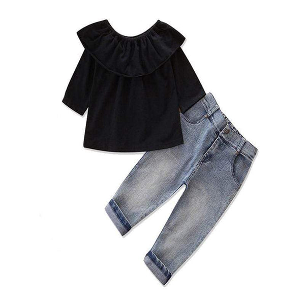 Fashion Clothing Simple Style Girls 2 Pcs Set Solid Color Ruffle Sleeves Tops And Jeans TIY