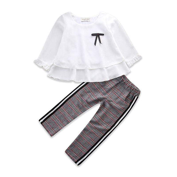 Fashion Clothing Stylish Girls Cotton 2 Pcs Set Simple Style Long Sleeves Tops And Plaid Pants TIY