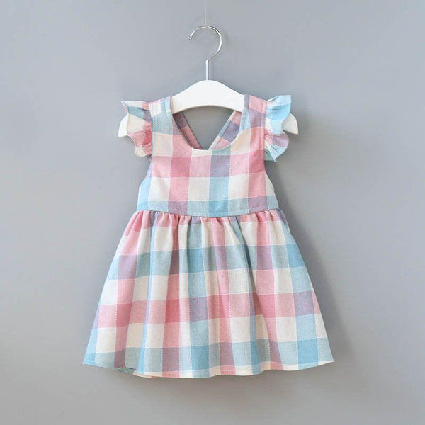 Sweet Girls Cotton Candy Color Plaid Print Ruffle Sleeves Dresses