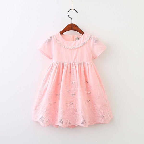 Sweet Girls Cotton Flower Hollow Out Embroidered Short Sleeves Dresses