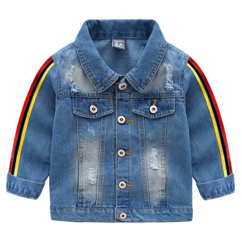 Fashion Clothing Vintage Style Boys Cotton Stripes Printed Sleeves Lapel Button Denim Coat TIY