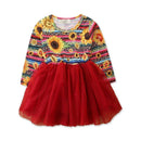 Fashion Clothing Vintage Style Girl Sunflower Print Long Sleeves Patchwork Tutu Dress TIY