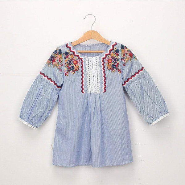 Fashion Clothing Vintage Style Girls Cotton Floral Embroidered Long Sleeves Dresses TIY