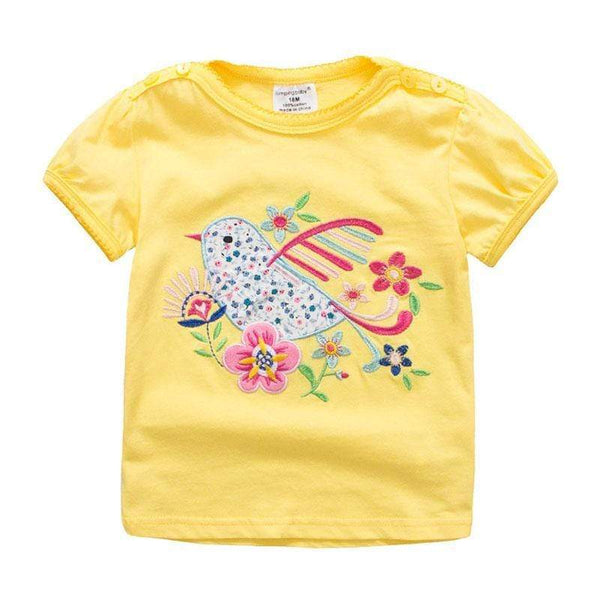 Yellow Short Sleeve Button Pretty Bird And Flower Printed New Pattern Cotton Floral Tops