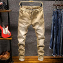Fashion Designer Skinny Jeans Men Straight Dark Blue Khaki Color Printed Mens Casual Biker Denim Jeans Male Stretch Trouser Pant-809 khaqi-28-JadeMoghul Inc.