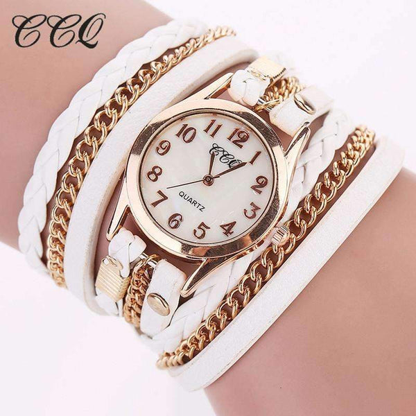 Fashion Gold Chain And Leather Bracelet Watch For women-black-JadeMoghul Inc.