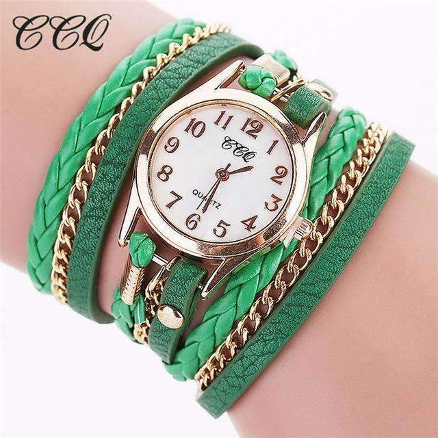 Fashion Gold Chain And Leather Bracelet Watch For women-green-JadeMoghul Inc.