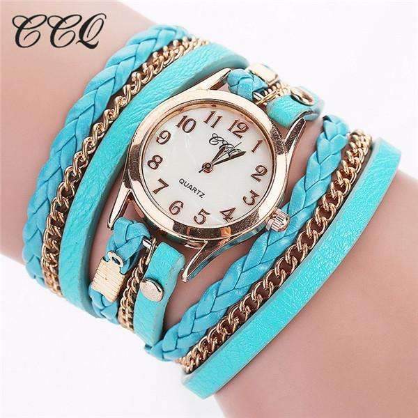 Fashion Gold Chain And Leather Bracelet Watch For women-mint green-JadeMoghul Inc.