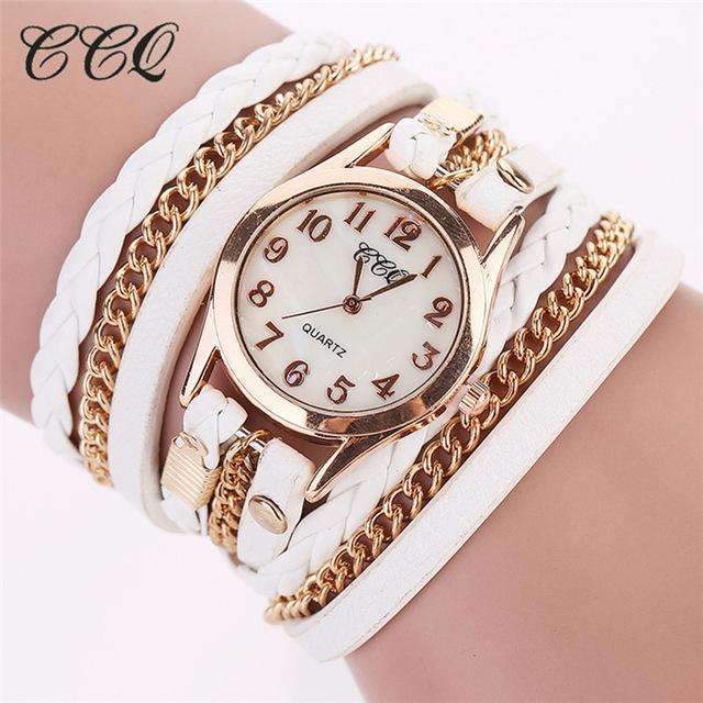 Fashion Gold Chain And Leather Bracelet Watch For women-white-JadeMoghul Inc.