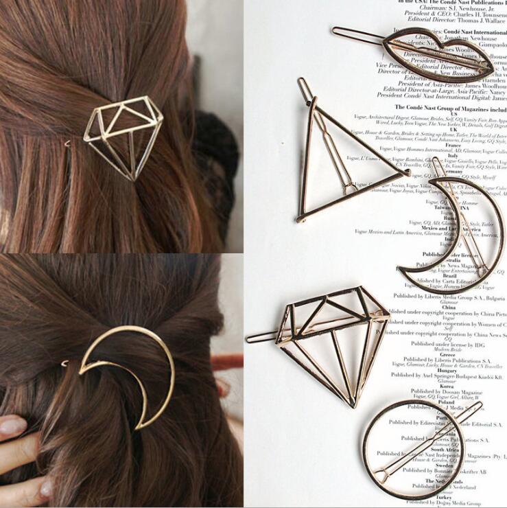 Fashion Metal Leaf Hair Clip Barrettes Hairpin Barrette Hair Claws Women Girls Trend Charm Moon Round Triangle AExp