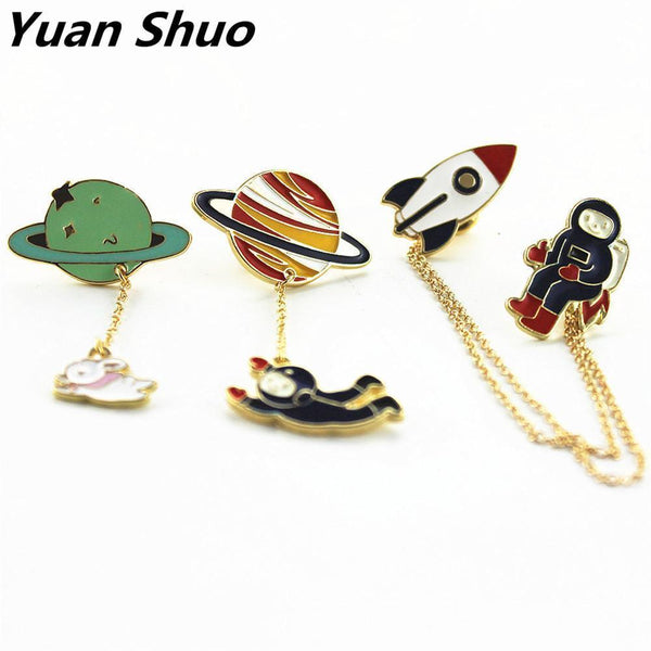 Fashion new style three style astronauts/earth/rabbit girl enamel animal planet brooches women badges clothes pins wholesale-rabbit planet-JadeMoghul Inc.