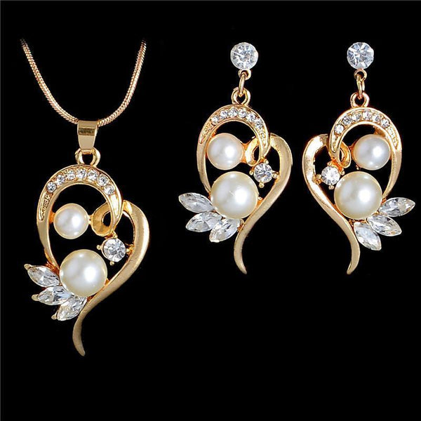 Fashion Simulated Pearl Jewelry Sets for Wedding Cute Flower Stud Earrings Crystal Wings Pendant Necklace Gold Color Chain--JadeMoghul Inc.