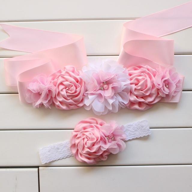 Fashion Vintage Pink/ivory flower Belt,Girl Woman Sash Belt Wedding Sashes belt with flower headband 1 SET-Light Pink-120cm-JadeMoghul Inc.