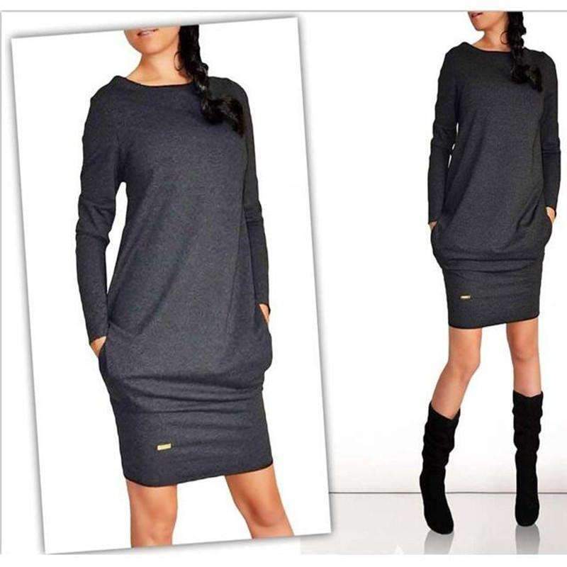 Fashion Women Long Sleeve Casual Pocket Dress-Black-S-JadeMoghul Inc.