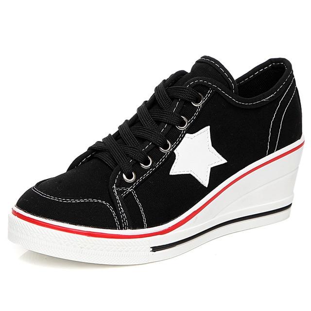 Fashion Women Shoes Woman Casual Shoes Comfortable Lace Up Platform Sneakers Wedges Denim Canvas Shoes Breathable Flat Shoe-black-4-JadeMoghul Inc.