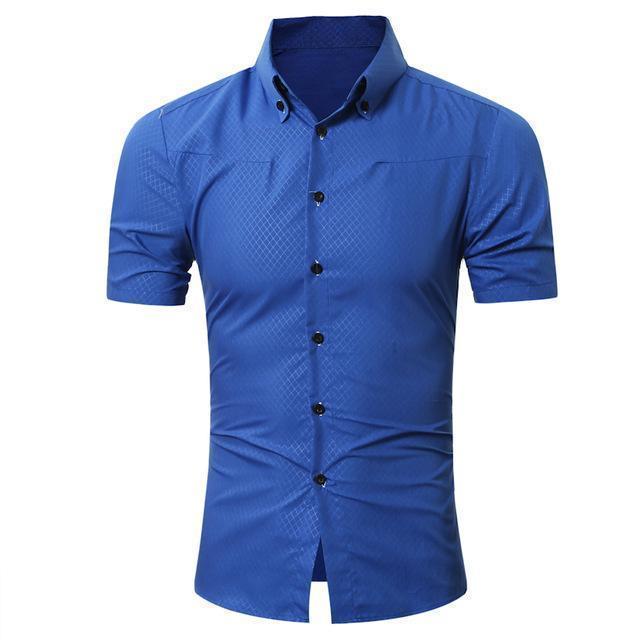 Fashionable Slim Fit Short-Sleeves Top / Solid Color Men Dress Shirt-Blue-Asia XL 175CM 75KG-JadeMoghul Inc.