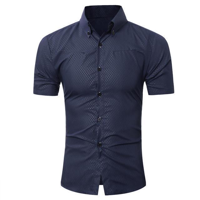 Fashionable Slim Fit Short-Sleeves Top / Solid Color Men Dress Shirt-Navy-Asia XL 175CM 75KG-JadeMoghul Inc.