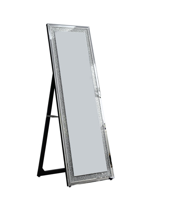 Faux Crystal Accented Wooden Framed Floor Mirror with Beveled Sides, Clear