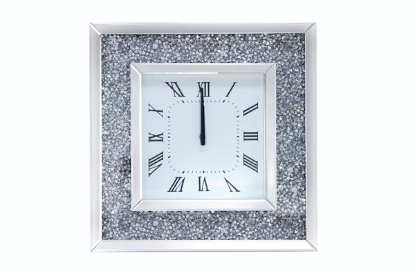 Faux Crystal Inlaid Mirrored Analog Wall Clock with Wooden Backing, Clear-Wall Clocks-Clear-Mirror, Glass, Faux Crystals and Composite Wood-JadeMoghul Inc.