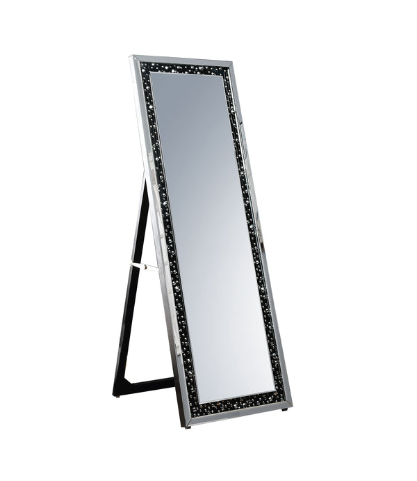 Faux Crystal Inlaid Wooden Framed Floor Mirror with Fold Out Back Leg, Clear and Black