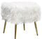 Faux Fur Upholstered Modern Square Accent Ottoman with Angled Metal Legs, White and Gold