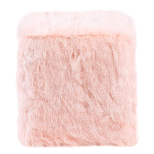 Faux Fur Upholstered Wooden Ottoman in Cube Shape, Pink
