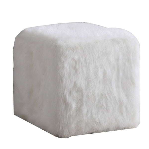 Faux Fur Upholstered Wooden Ottoman in Cube Shape, White