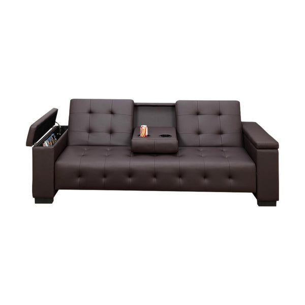 Faux Leather Adjustable Sofa With Dropdown Console In Espresso Brown-Sofas-Brown-Faux Leather Pine WoodParticle BoardPlastic leg-JadeMoghul Inc.