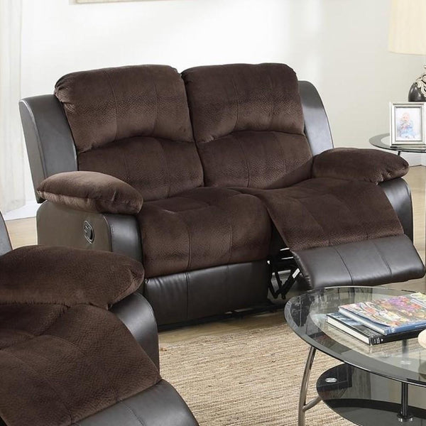 Faux Leather Reclining Loveseat, Brown-Loveseats-Brown-Padded suede faux Leather solid pine plywood-JadeMoghul Inc.
