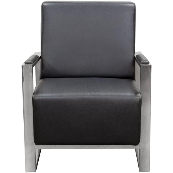 Faux Leather Upholstered Accent Chair with Stainless Steel Sled Support, Black and Silver-Accent Chairs-Black and Silver-Faux Leather and Stainless Steel-JadeMoghul Inc.