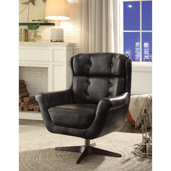 Faux Leather Upholstered Accent Chair with Swivel and Metal Base, Black-Accent Chairs-Black-Faux Leather Wood and Metal-JadeMoghul Inc.