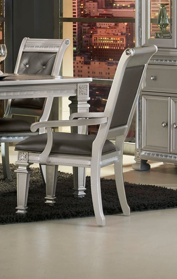 Faux Leather Upholstered Arm Chair, Gray And Silver, Set of 2-Accent Chairs-Gray And Silver-Faux Leather And Wood-JadeMoghul Inc.
