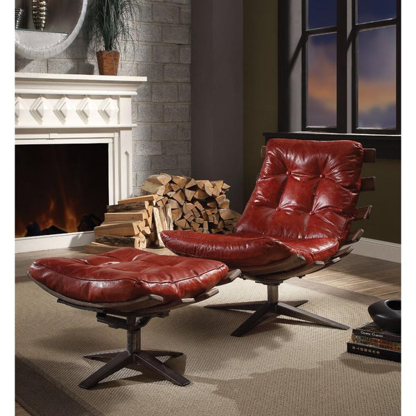 Faux Leather Upholstered Chair and Ottoman with Metal base, Pack Of Two, Red-Ottomans-Red-Faux Leather Wood and Metal-JadeMoghul Inc.