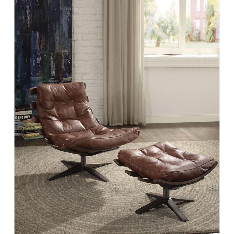 Faux Leather Upholstered Chair & Ottoman with Metal base, Pack Of Two, Brown-Ottomans-Brown-Faux Leather Wood and Metal-JadeMoghul Inc.