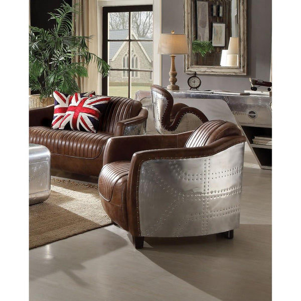 Faux Leather Upholstered Chair Wooden with Aluminium Patchwork, Brown and Silver-Accent Chairs-Brown and Silver-Faux Leather Wood and Aluminium-JadeMoghul Inc.