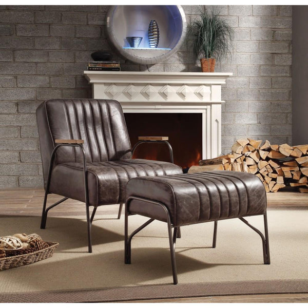 Faux Leather Upholstered Metal Chair and Ottoman, Pack Of Two, Espresso Brown-Accent Chairs-Brown-Faux Leather Wood and Metal-JadeMoghul Inc.