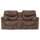 Faux Leather Upholstered Metal Reclining Loveseat with Console and Split Back Details, Brown