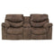 Faux Leather Upholstered Metal Reclining Loveseat with Console and Split Back Details, Brown