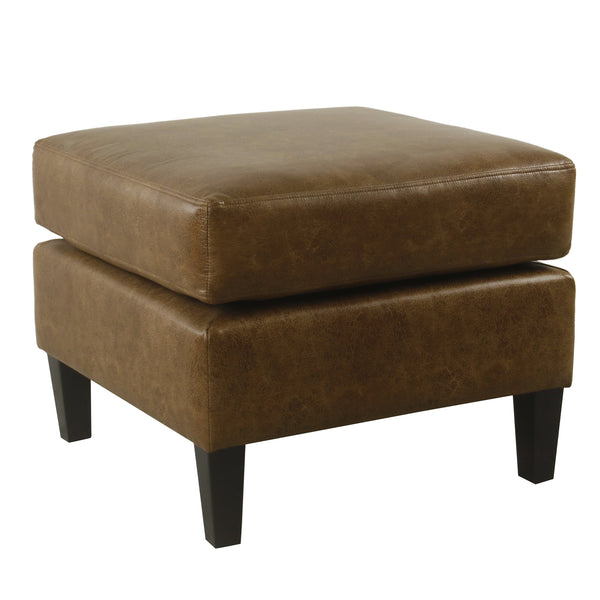 Faux Leather Upholstered Pillowtop Ottoman with Wooden Tapered Legs, Brown and Black