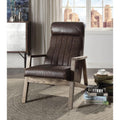 Faux Leather Upholstered Wooden Accent Chair with Stitched Back, Brown-Accent Chairs-Brown-Faux Leather and Wood-JadeMoghul Inc.